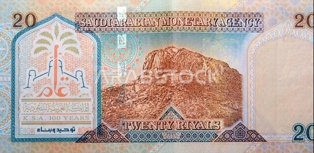 Saudi Arabia 20 riyals banknote, The Saudi riyal is the currency of Saudi Arabia, selective focus of Saudi kingdom twenty riyals cash