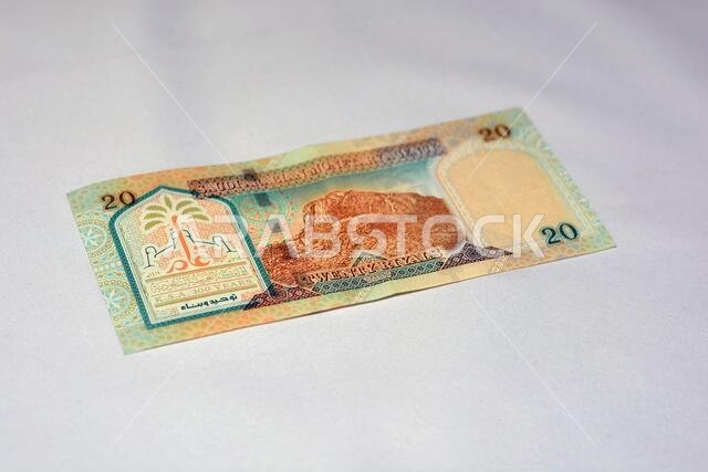 Saudi Arabia 20 riyals banknote, The Saudi riyal is the currency of Saudi Arabia, selective focus of Saudi kingdom twenty riyals cash