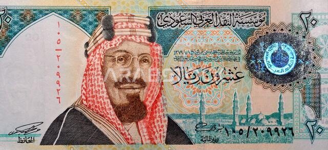 Saudi Arabia 20 riyals banknote, The Saudi riyal is the currency of Saudi Arabia, selective focus of Saudi kingdom twenty riyals cash