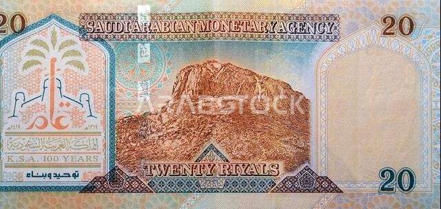 Saudi Arabia 20 riyals banknote, The Saudi riyal is the currency of Saudi Arabia, selective focus of Saudi kingdom twenty riyals cash
