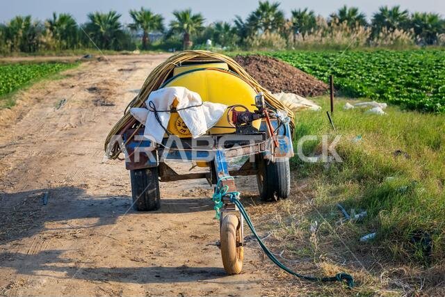 Irrigation pipes in vintage vehicle in an agriculture field in Dammam, Saudi Arabia.
