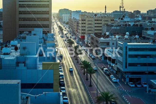 Aerial view of Dammam Street urban city in Sunset background -Dammam, Saudi Arabia. 29-March-2021.