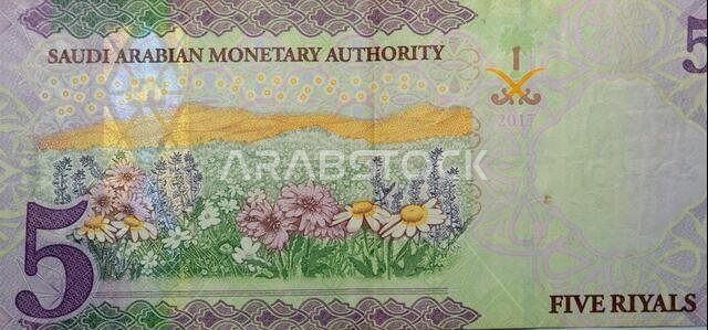 Saudi five riyals banknote, Saudi Arabian 5 riyals money background with the photo of king Salman, selective focus, Saudi Arabia Currency reverse side