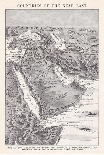 Vintage bird's eye map of Countries of the Near East 1930s.