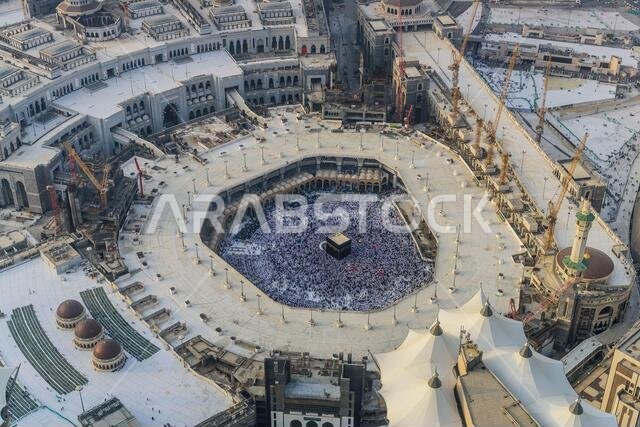The Hajj annual Islamic pilgrimage to Mecca, Saudi Arabia, the holiest city for Muslims. Aerial view.