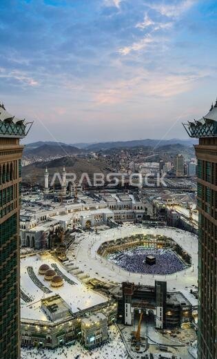 The Hajj annual Islamic pilgrimage to Mecca, Saudi Arabia, the holiest city for Muslims. Aerial view.