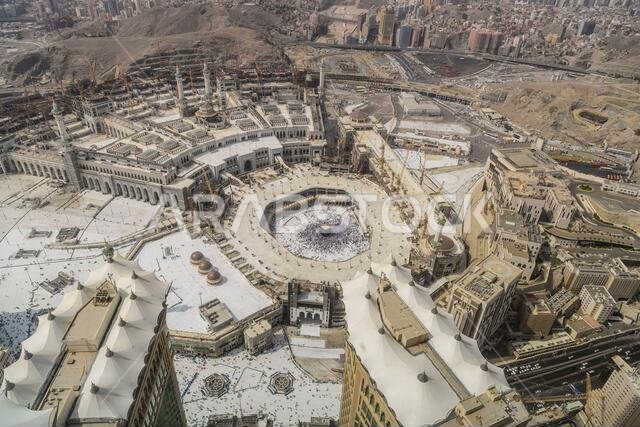 The Hajj annual Islamic pilgrimage to Mecca, Saudi Arabia, the holiest city for Muslims. Aerial view.