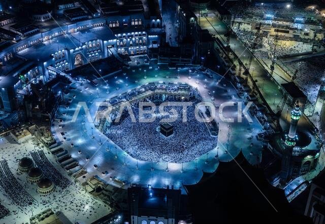 The Hajj annual Islamic pilgrimage to Mecca, Saudi Arabia, the holiest city for Muslims. Aerial view.