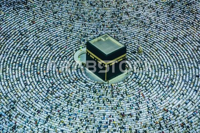 The Hajj annual Islamic pilgrimage to Mecca, Saudi Arabia, the holiest city for Muslims. Aerial view.