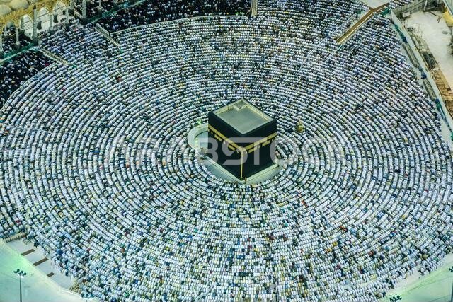 The Hajj annual Islamic pilgrimage to Mecca, Saudi Arabia, the holiest city for Muslims. Aerial view.