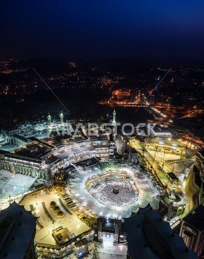 The Hajj annual Islamic pilgrimage to Mecca, Saudi Arabia, the holiest city for Muslims. Aerial view.