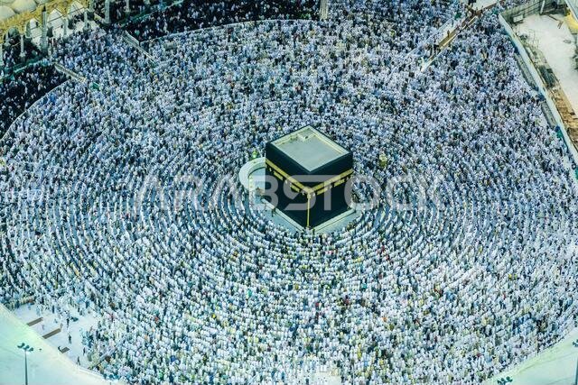The Hajj annual Islamic pilgrimage to Mecca, Saudi Arabia, the holiest city for Muslims. Aerial view.