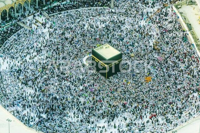 The Hajj annual Islamic pilgrimage to Mecca, Saudi Arabia, the holiest city for Muslims. Aerial view.