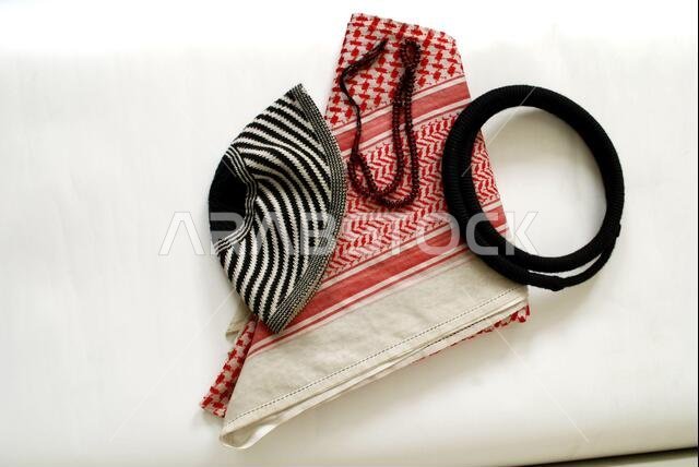 Arabic cultural traditional clothing accessories specially famous dressing of middle east and gulf contries,A set of agal ,shemag, Islamic rosary,cap