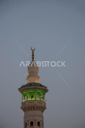 Minaret of Masjid Haram from Mecca - Saudi Arabia. Evening time. Iftar time in Ramadan.