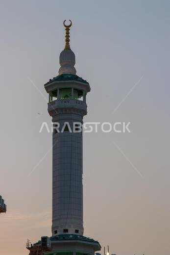 Minaret of Masjid Haram from Mecca - Saudi Arabia. Evening time. Iftar time in Ramadan.