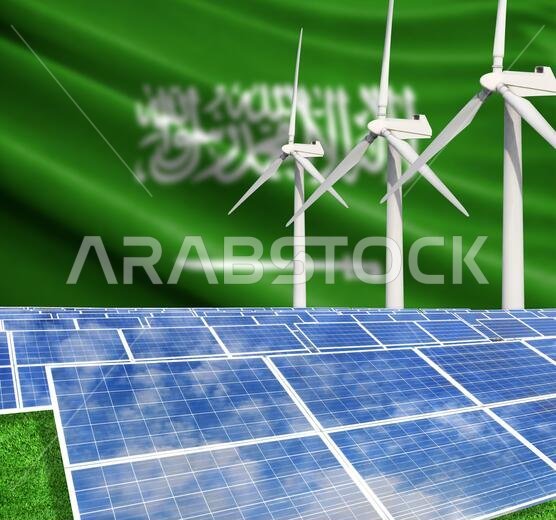 Solar panels on the background with the flag of Saudi Arabia and Wind Turbine Solar panels on the background with the flag of Saudi Arabia and Wind Turbine