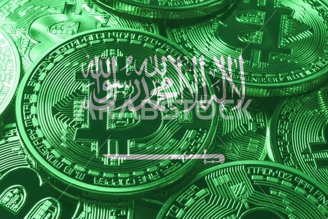 Saudi Arabia bitcoin flag, national flag cryptocurrency concept black background
