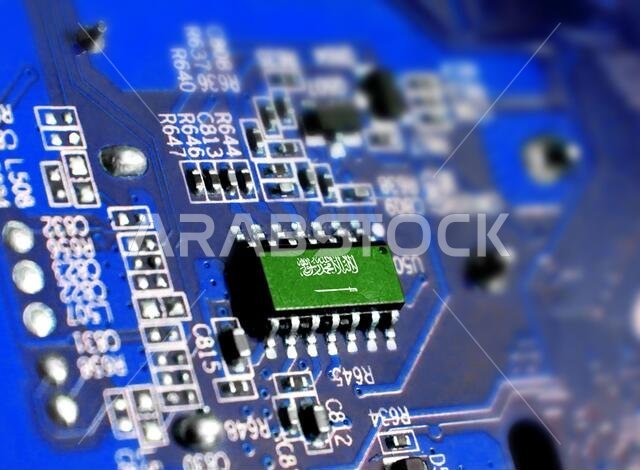 Electronic board with embedded microchip and shown flag of Saudi Arabia. The concept of modern computer technologies.