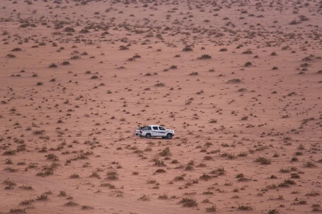 سيارة بيك آب بيضاء تسير في الصحراء الرملية الحمراء
