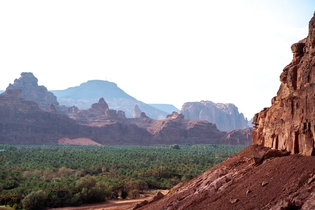 Al Ula Farms and Sandstone Mountains Landscape