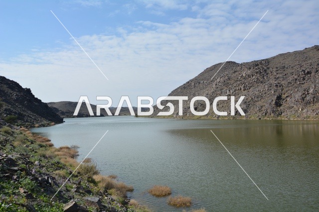 نهر يتدفق بين الجبال الصخرية في السعودية