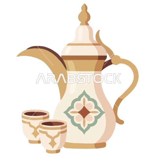 رسم توضيحي لدلة قهوة عربية تقليدية وفنجانين