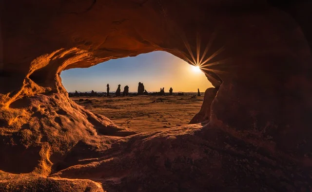 Gharameel Rock Arch in AlUla Saudi Arabia at Sunset
