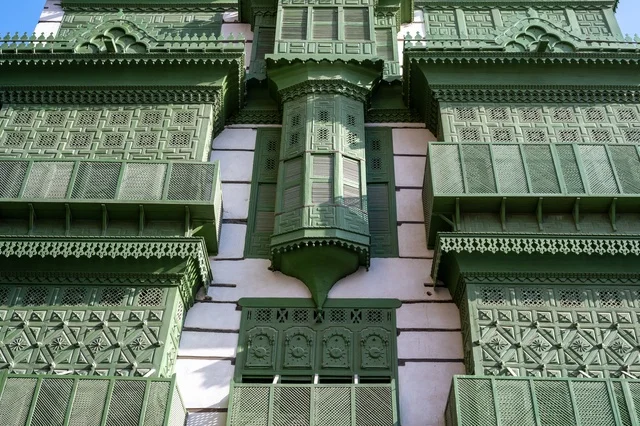Traditional Green Rawashin Windows in Al Balad Jeddah