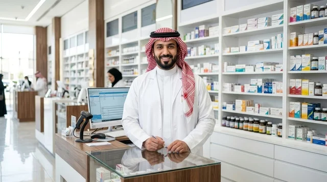 صيدلي سعودي في صيدلية حديثة بالمنضدة