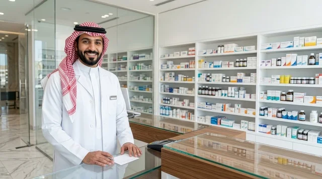 صيدلي سعودي محترف خلف منضدة صيدلية حديثة ومضيئة