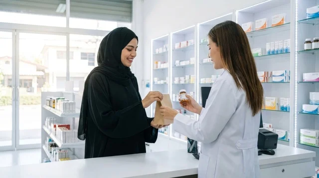 صيدلانية تسلم الدواء لعميلة سعودية عند منضدة الصيدلية صيدلانية تسلم الدواء لعميلة سعودية عند منضدة الصيدلية