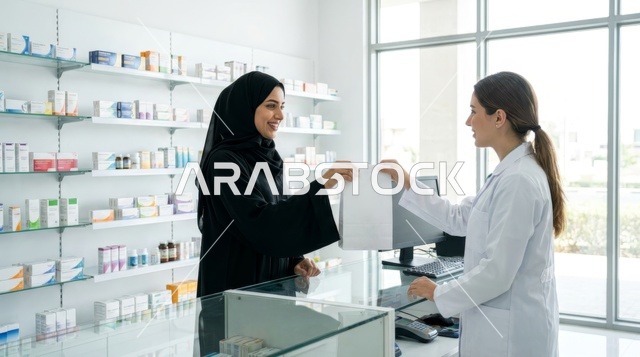 صيدلانية تسلم الدواء لامرأة سعودية في الصيدلية