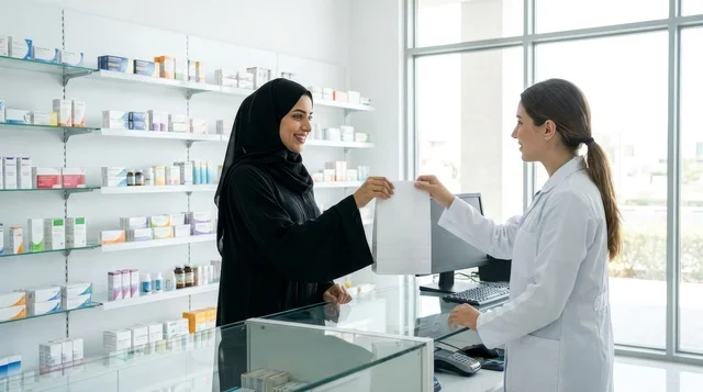 صيدلانية تسلم الدواء لامرأة سعودية في الصيدلية