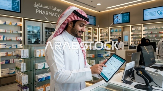 صيدلي سعودي يستخدم جهاز لوحي في الصيدلية