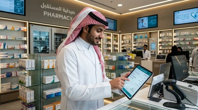 صيدلي سعودي يستخدم جهاز لوحي في الصيدلية