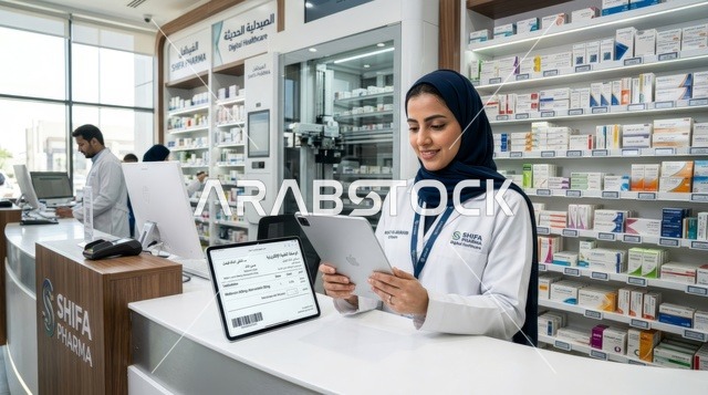 صيدلانية سعودية تستخدم جهاز لوحي في صيدلية حديثة