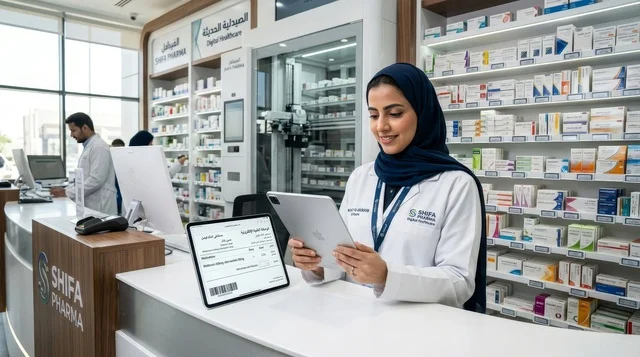 صيدلانية سعودية تستخدم جهاز لوحي في صيدلية حديثة