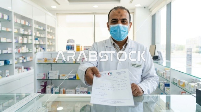 صيدلي عربي يرتدي كمامة ويحمل وصفة طبية