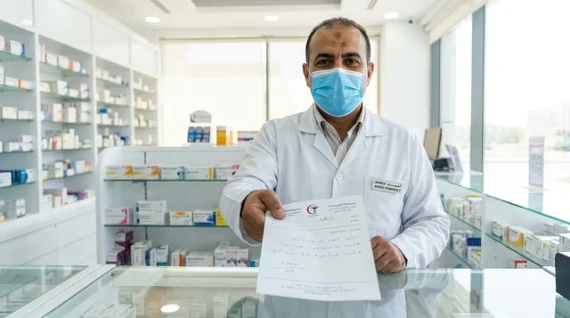 صيدلي عربي يرتدي كمامة ويحمل وصفة طبية