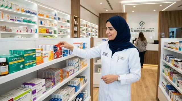 صيدلانية عربية تنظم الأدوية في صيدلية حديثة