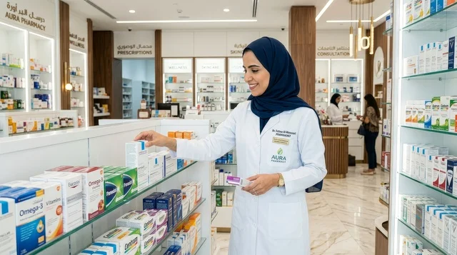 صيدلانية عربية تنظم الأدوية في صيدلية حديثة