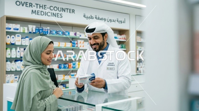 Arab Pharmacist Explains Medication to Patient in Pharmacy
