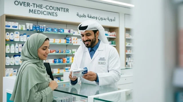 Arab Pharmacist Explains Medication to Patient in Pharmacy Arab Pharmacist Explains Medication to Patient in Pharmacy