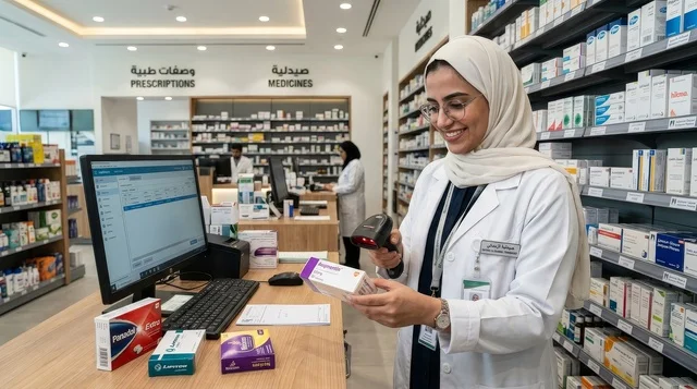 Saudi Female Pharmacist Scanning Medicine in Pharmacy