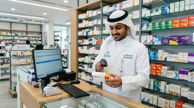 صيدلي سعودي يقوم بمسح علب الدواء في صيدلية حديثة