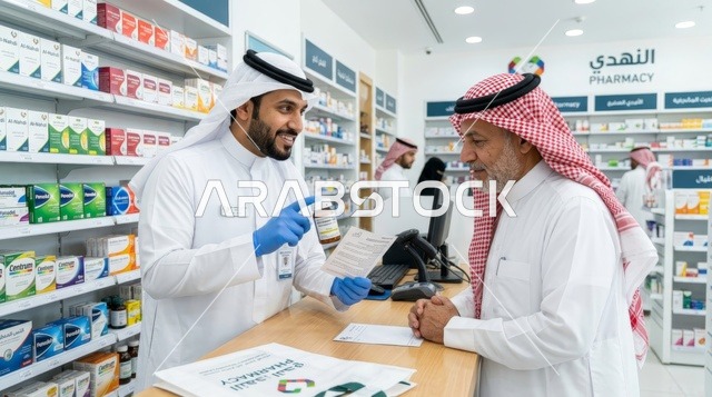 صيدلي سعودي يشرح وصفة الدواء لمريض مسن في الصيدلية