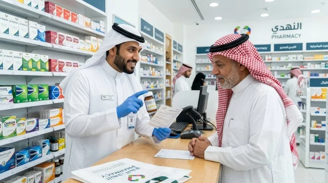 صيدلي سعودي يشرح وصفة الدواء لمريض مسن في الصيدلية