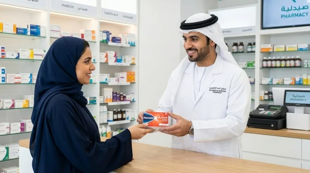صيدلي إماراتي يسلم الدواء لعميلة في الصيدلية