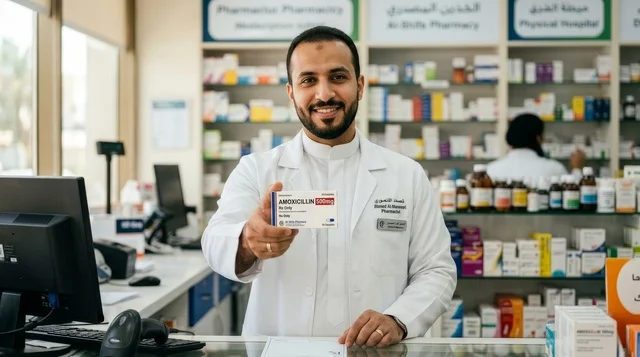 صيدلي عربي يحمل علبة دواء في الصيدلية